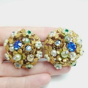Vintage Rhinestone Floral Cluster Clip On Earrings, Blue Green Rhinestone, 50s